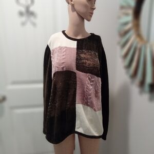 Designers Originals Studio 1X Vintage Patchwork Sweater Pink, Brown, and Cream
